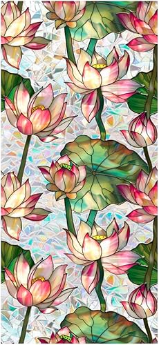 JOONOR Película de privacidad para ventana de flores de loto retro, calcomanías de vidrieras coloridas florales de privacidad, calcomanías de arco