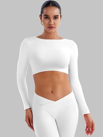 YEOREO Women's Backless Long Sleeve Adjustable Straps Seamless Crop T-Shirt