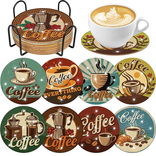 Coffee Diamond Art Coasters Kit, 8 Pcs Retro Diamond Painting Coaster with Holder and Cork Base, DIY Art Crafts Kits for Adults Beginners Coffee Lovers Home Café Table Decor