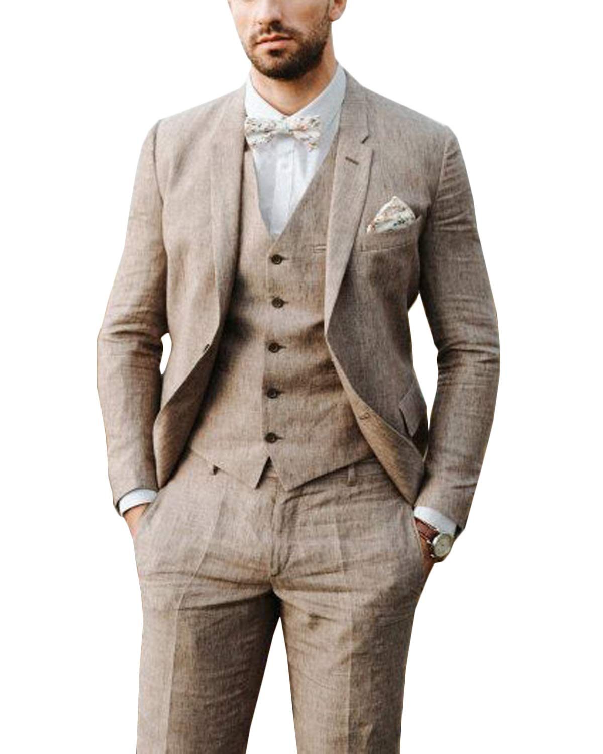 GATMSTZ Men's 3 Pieces Linen Suit 2 Buttons Blazer Coat