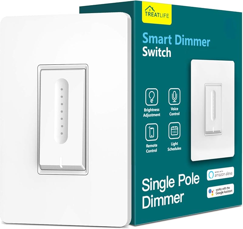 TREATLIFE Interruptor de atenuación inteligente, interruptor inteligente unipolar para bombillas regulables, interruptor de luz inteligente WiFi de 2,4 GHz funciona con Alexa y Google Home, control de aplicación remota, requiere cable neutro
