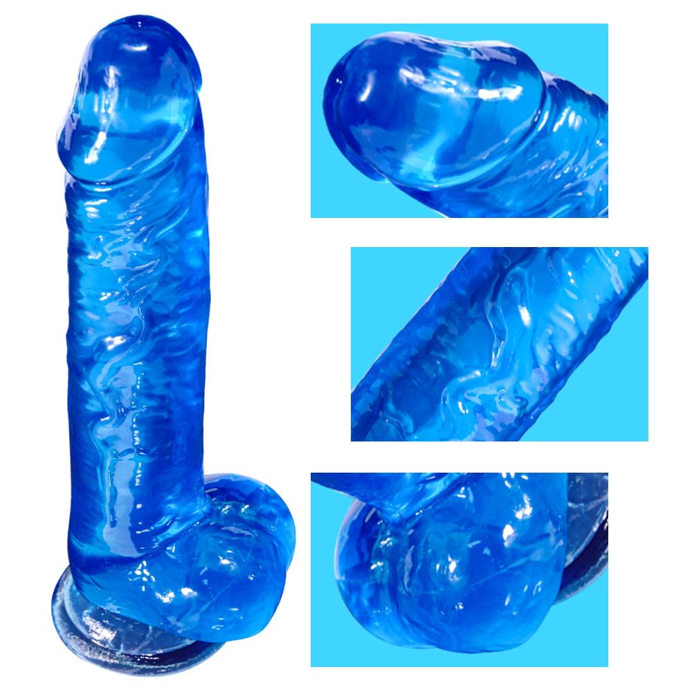 Realistic Dildo G Spot Stimulator- 8.2" Big Dildos with Suction Cup Adult Sex Toy for Women/Men/Gay, Flexible Clear Dildo for Women with Curved Shaft & Balls for Vaginal G-Spot &Anal.: Blue