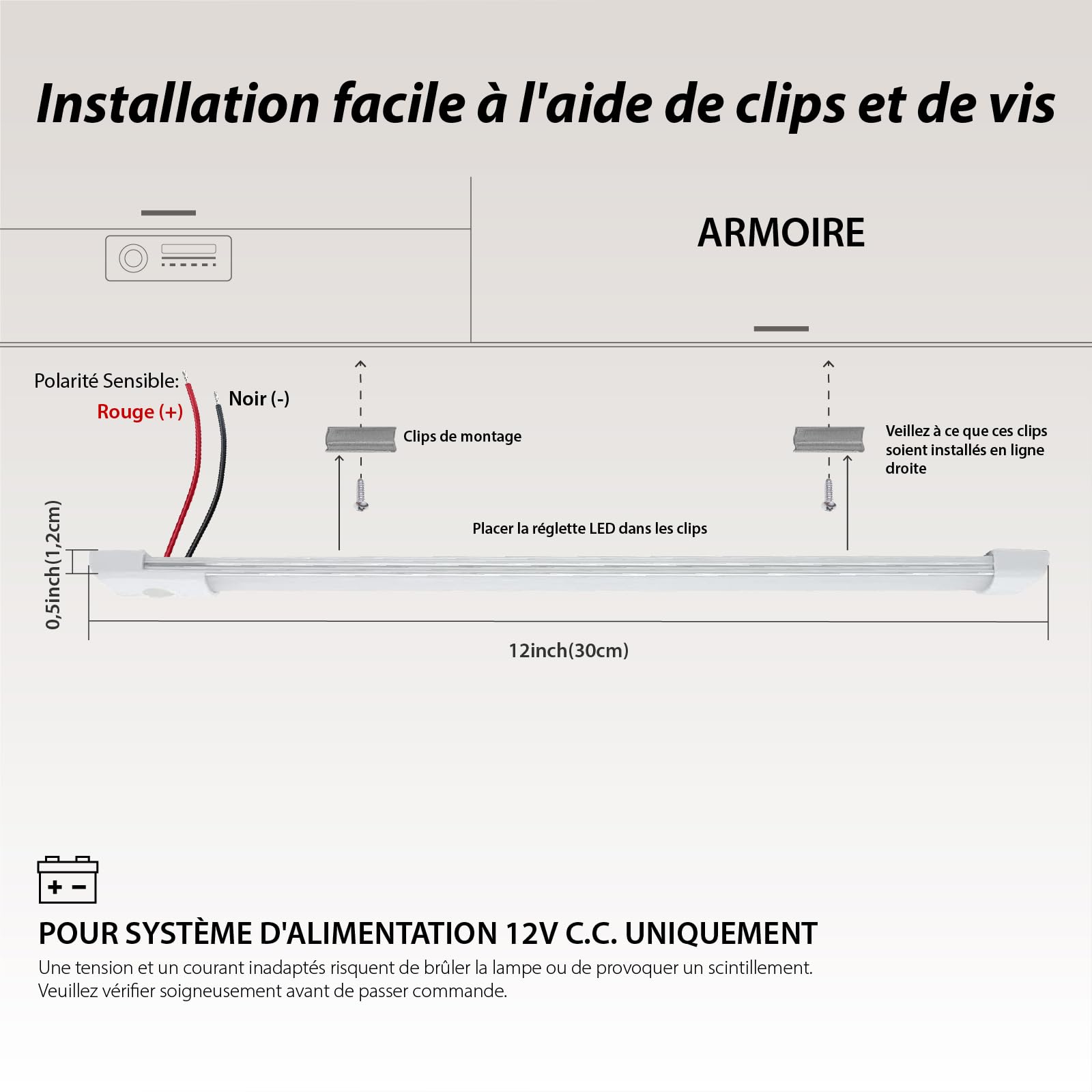 Dream Lighting Lumiere 12v Camping Car Reglette LED 30CM pour Caravane Van Camper Bateau Camion Eclairage Blanc Froid 6000K 390LM 5,6W Lampe 12v avec Interrupteur