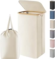 Vista 22 de Lifewit Cesta de lavandería de 80 litros con tapa, cestas de ropa para lavandería con asas de bambú y una bolsa de lavandería extraíble, cesta