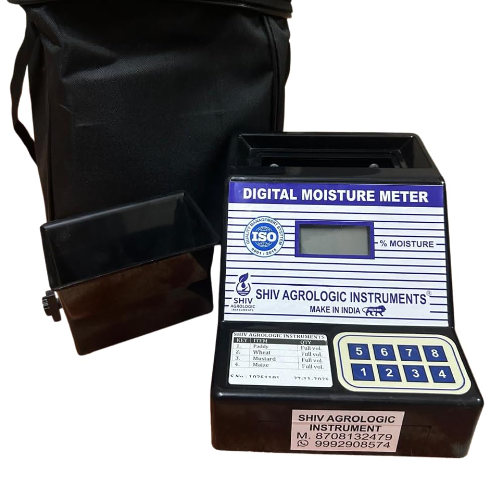 SHIV AGROLOGIC NATIONAL INSTRUMENTS Digital Grain Moisture Meter, Battery Operated, LCD Display, for Paddy, Wheat, Maize, Mustard – Portable Digital Moisture Meter (Black)