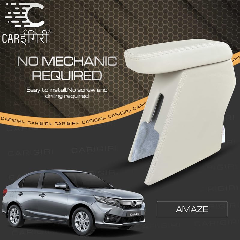 Image of Carigiri Premium Finish Car Armrest with Storage Box And High Density Moulded Foam For Honda Amaze (Models-2018-2024) (Beige with Beige Stitching,Nappa Leatherette)
