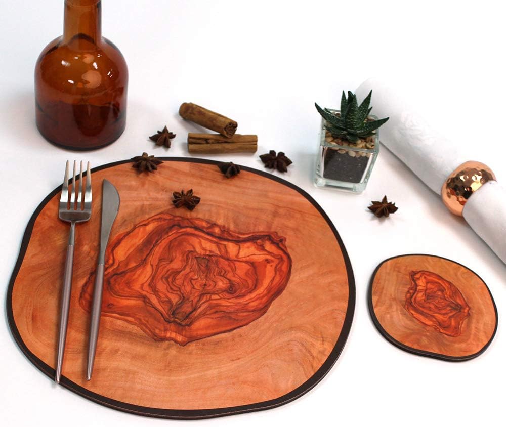 Exclusive Discount 70% Price Set of 4 Olivewood Modern Design Cork-Backed Heat Resistant Placemats and Coasters for The Dining Table. Place mats for Special Occasions, Thanksgiving, Christmas, Birthday Dinner Parties by Cube Home