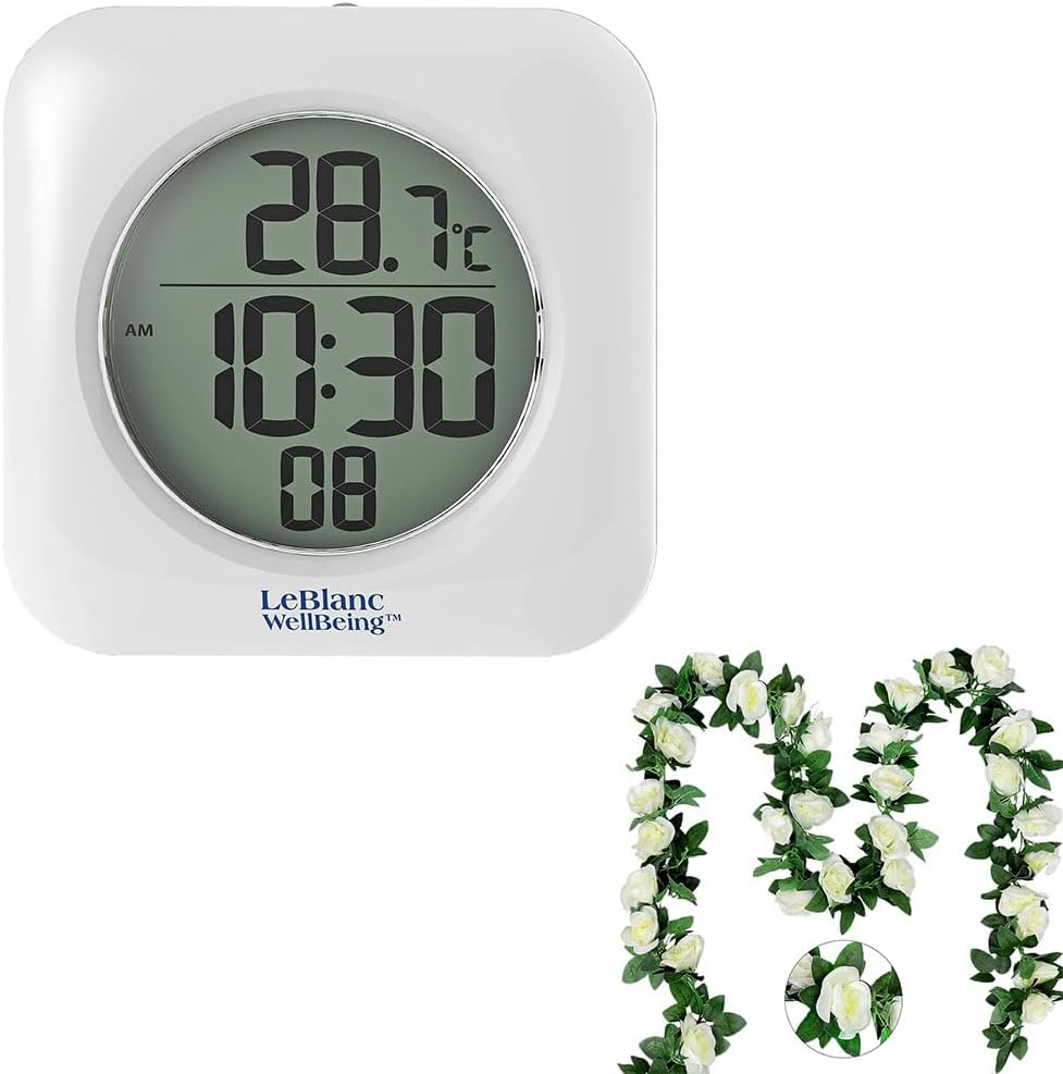 Large Waterproof Bathroom Shower Clock Mounts with 4 Suction Cups, Hanging Hole, or Shelf Bracket. Time 12/24 Hr and Indoor Temp. Great for RV, Camper, Boat, Gym, Hot Tub, or Country Club.