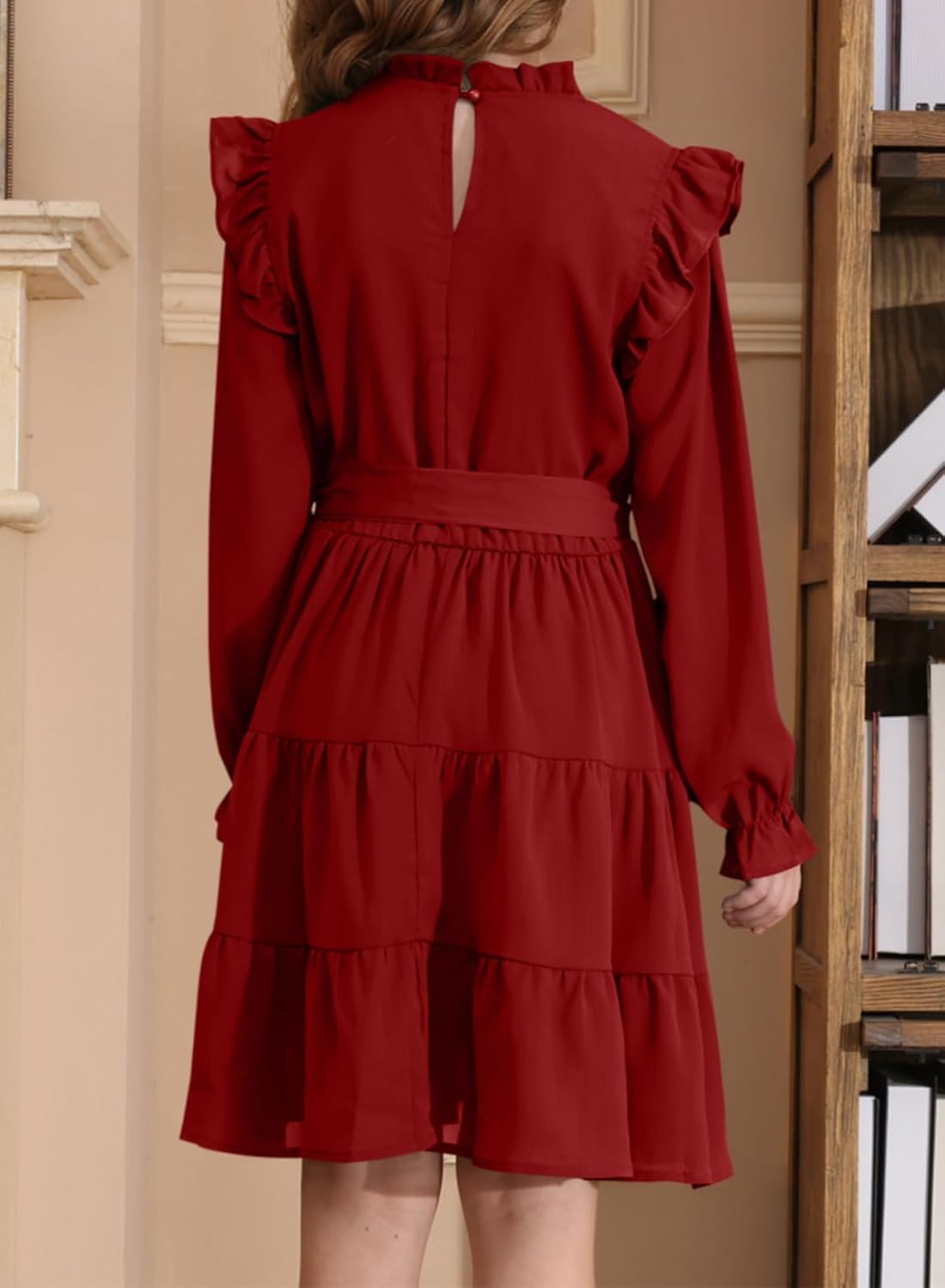 blibean Girls Long Sleeve Fall Dresses Tween Casual Ruffled Swing Formal Dressses Belt Size 4-15 Years - Image 5