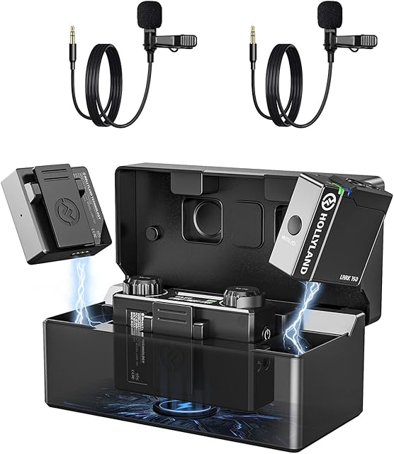 Wireless Lavalier Microphone Hollyland Lark 150 2.4GHz Dual Channel Lapel Mic, Stereo Audio Video Recording Transmitter Receiver for Camera iPhone Interview Stream Podcast YouTube(Black Duo Kit)