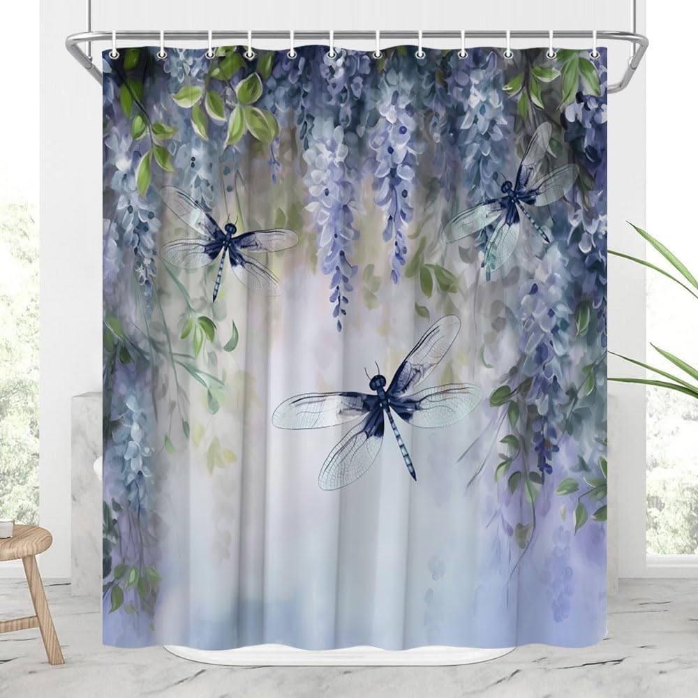 Purple Floral Shower Curtain Lavender and Wisteria Rustic Flower Dragonfly Farmhouse Animals Rural Violet Leaves Watercolor Wildlife Bathroom Decor Curtains 94x70 inch with Hook