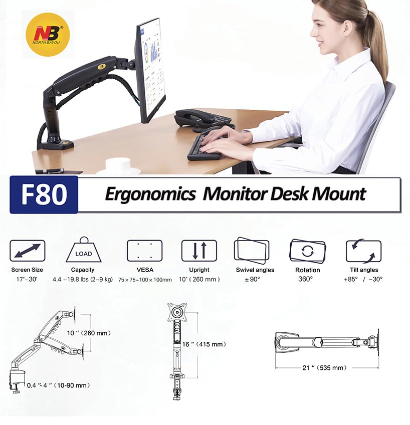 Image of TECVITY - F80 Multi Colours Gas-Struct Flexi Mount Desktop 17 inch to 30 inch Monitor Arm (White)