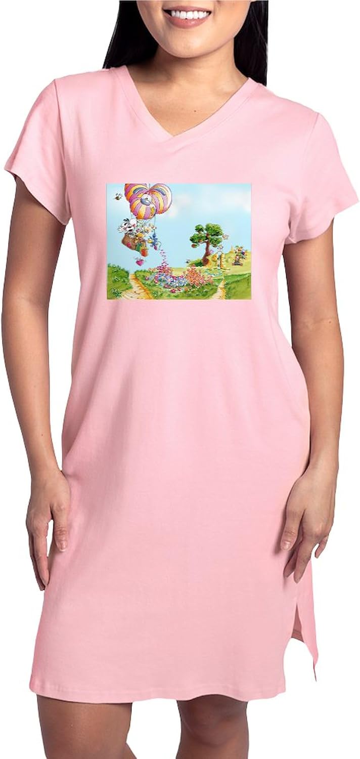 CafePress Diddl Balloon Trip Women's Pink Nightshirt Women's Nightshirt, Soft Long Pajama Shirt, Cotton PJs/Pyjamas