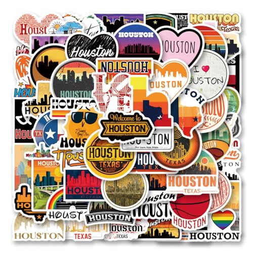 63pcs Houston Stickers Pack, Cartoon Cute Vinyl Waterproof Decals for Water Bottle,Laptop,Phone,Skateboard,Scrapbooking,Bumper for Party Supply