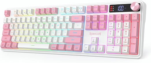 Redragon K526 PRO Wireless RGB Membrane Gaming Keyboard, LED Screen & Knob | See Battery, Mode & Time at a Glance, 0-Delay Tri-Mode, One-Touch Backlit & Media Adjust, 26-Key Anti-Ghost for Combo-Strike