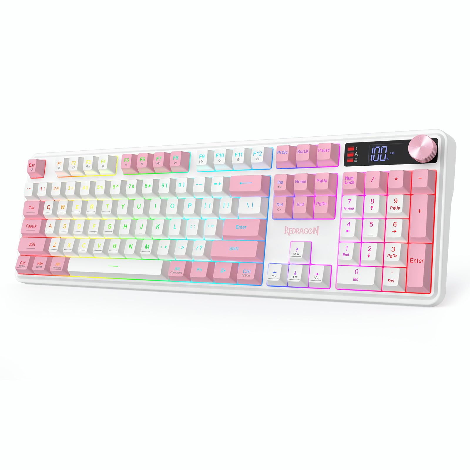 Redragon K526 PRO Wireless RGB Membrane Gaming Keyboard, LED Screen & Knob | See Battery, Mode & Time at a Glance, 0-Delay Tri-Mode, One-Touch Backlit & Media Adjust, 26-Key Anti-Ghost for Combo-Strike-image-4