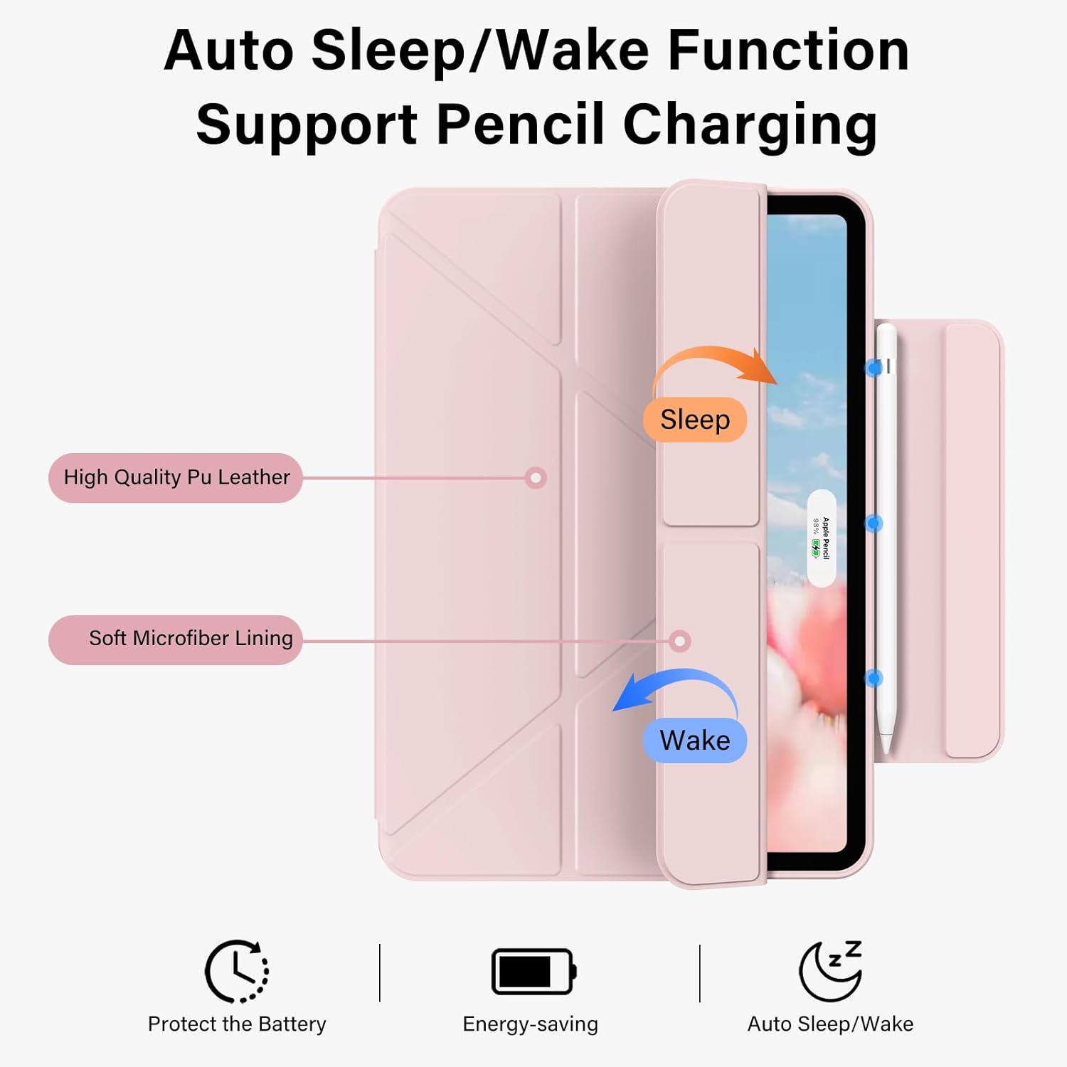 Clear Case for iPad Air 11 inch M4/M3/M2 & 10.9in iPad Air 5th/4th Gen with Pencil Holder (Support Pen Charging), Detachable Magnetic Transparent Hard PC Back, Auto Wake/Sleep, Trifold & Y Stand, Pink