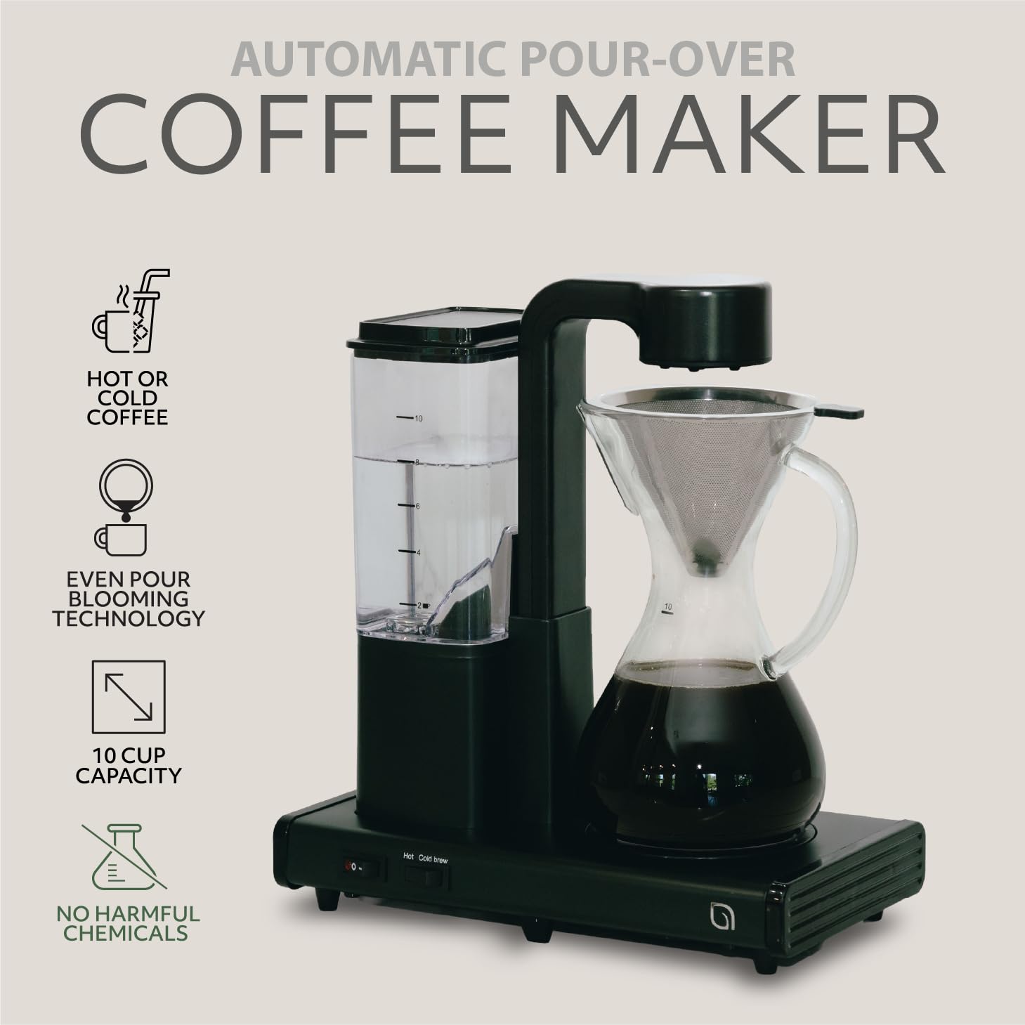WILLOW Cafetera de goteo de 10 tazas, cafetera automática con jarra de vidrio y función de apagado automático, adecuada para café caliente y helado, cafetera ecológica hecha con 99% de plásticos