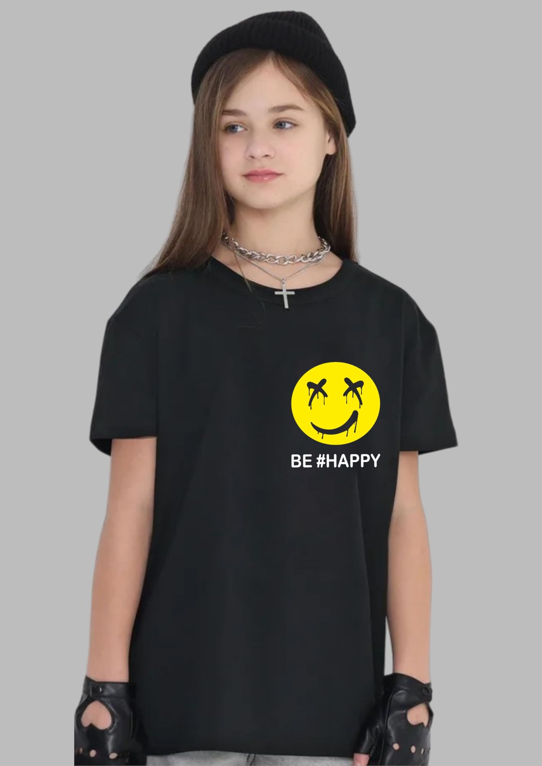 Uniplanet Store t-shirt bambina cotone mezza manica vestibilità normale nero happy emoji
