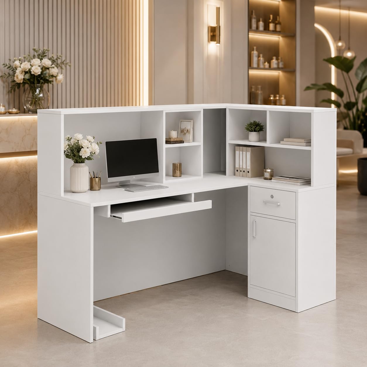 Empfangstheke MDF 140x80x120 cm mit Computertablett, abnehmbarem Regal, 1 Schublade, 1 Schrank