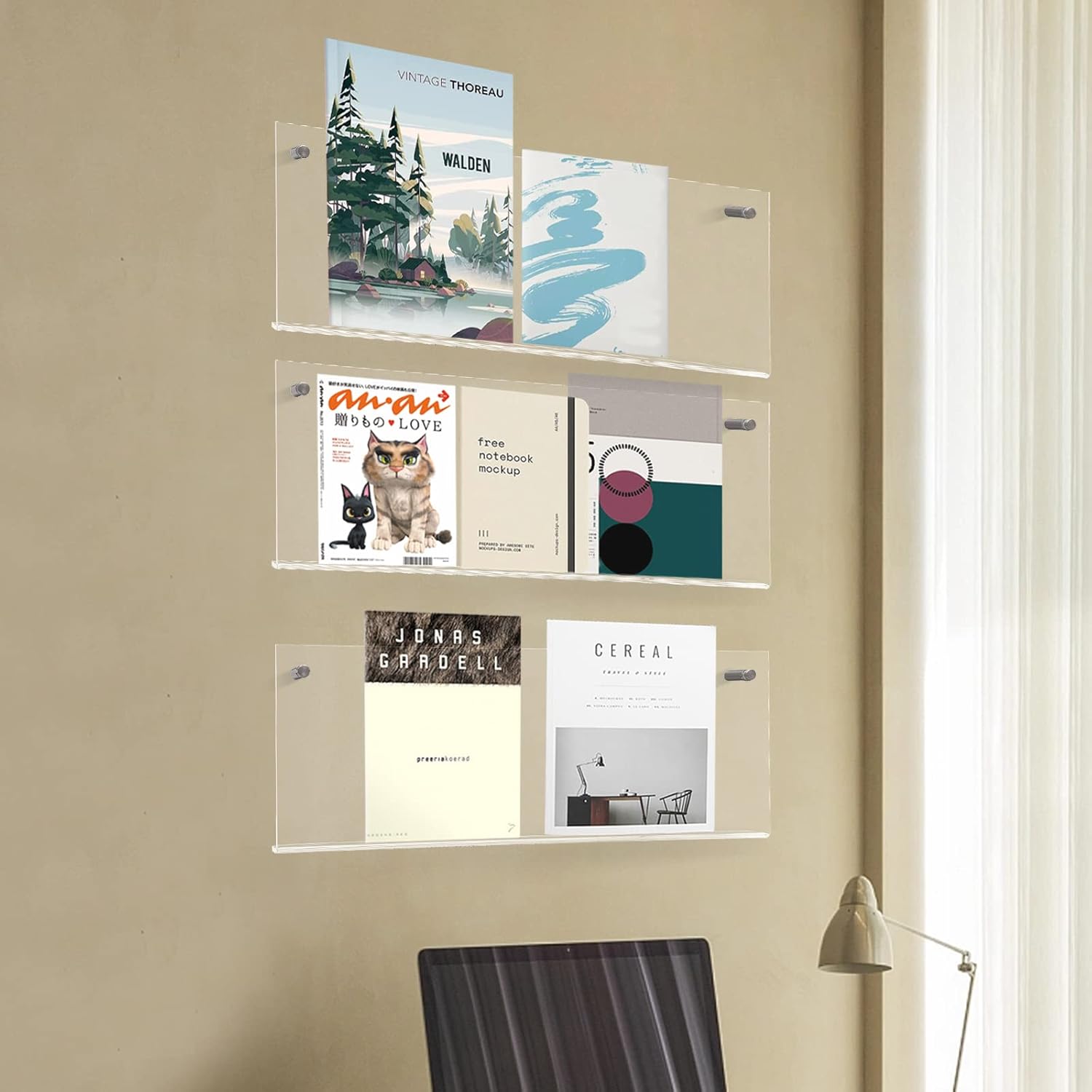 LOYALHEARTDY Acrylic Brochure Holder, Wall Mount 3 Tier Bookshelves, Hanging Bookshelf Magazine Rack Literature Storage Rack for Waiting Room, Living Room, Office, Home Display