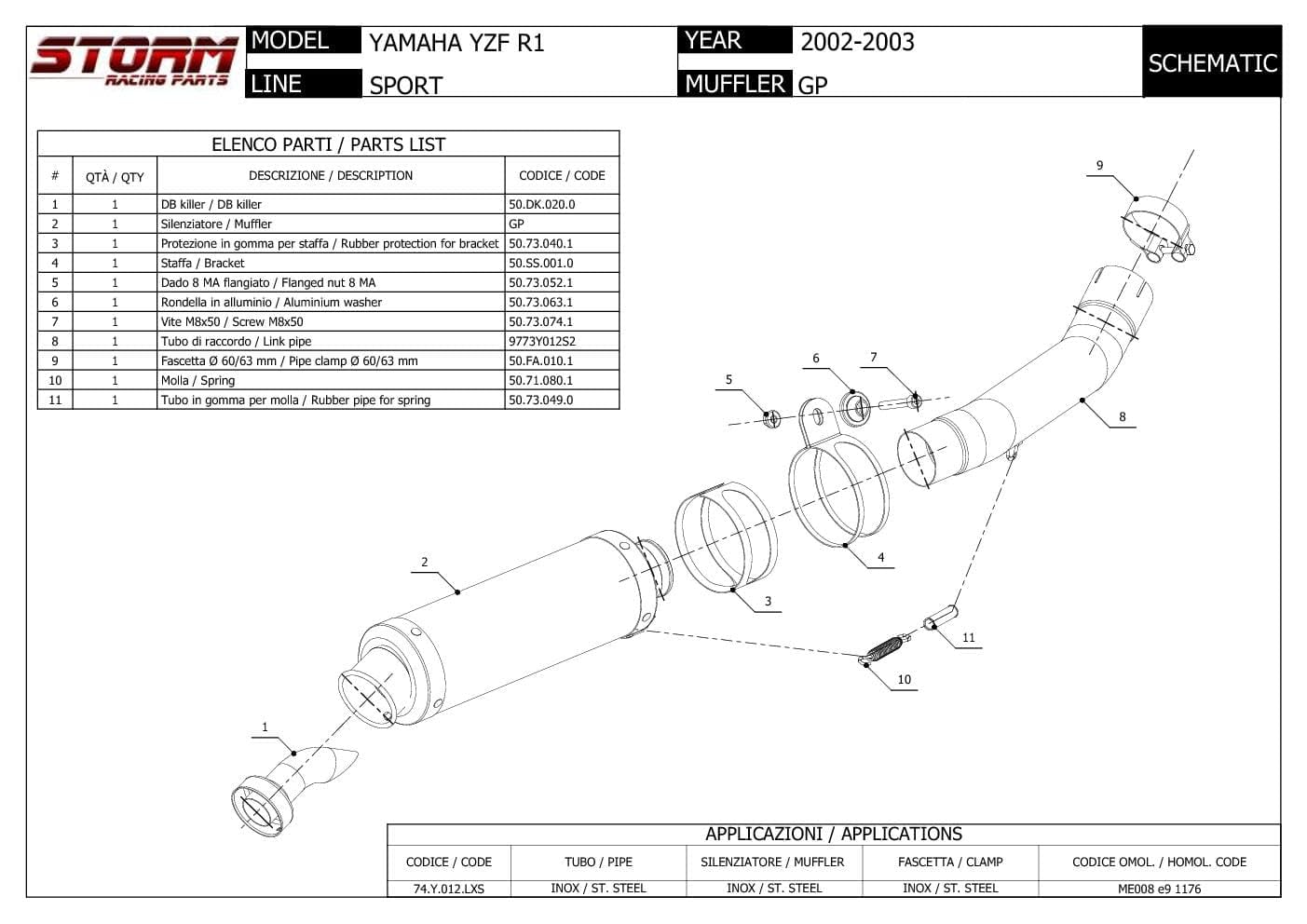 Scarico Moto Storm by Mivv Gp Nero acciaio inox Compatibile Con Yamaha Yzf 1000 R1 2002 > 2003