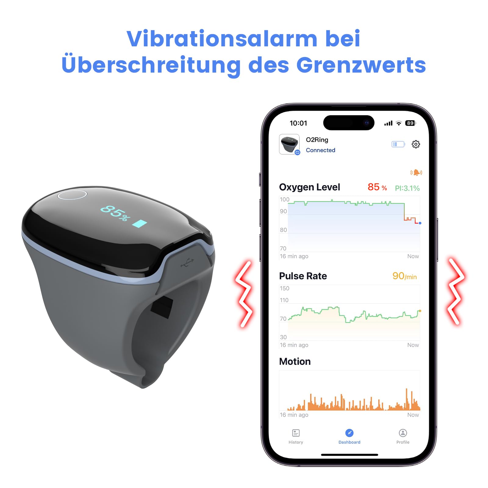 Wellue O2 Ring Bluetooth Pulsoximeter mit alarm, Sauerstoffsättigung Messgerät mit kontinuierliche Überwachung, Schlafoximeter für Blutsauerstoff und Herzfrequenz, Professional APP und Berichte