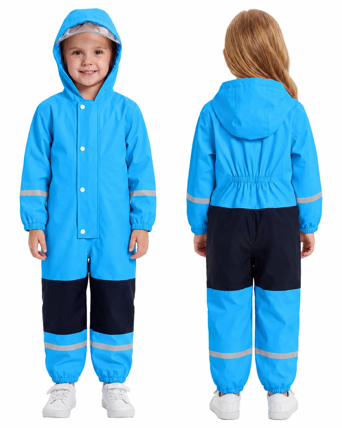 JiAmy Tuta impermeabile per bambini con strisce riflettenti per 1-8 anni | Tuta da pozzanghera per bambini con borsa portaoggetti, tuta antipioggia All in One