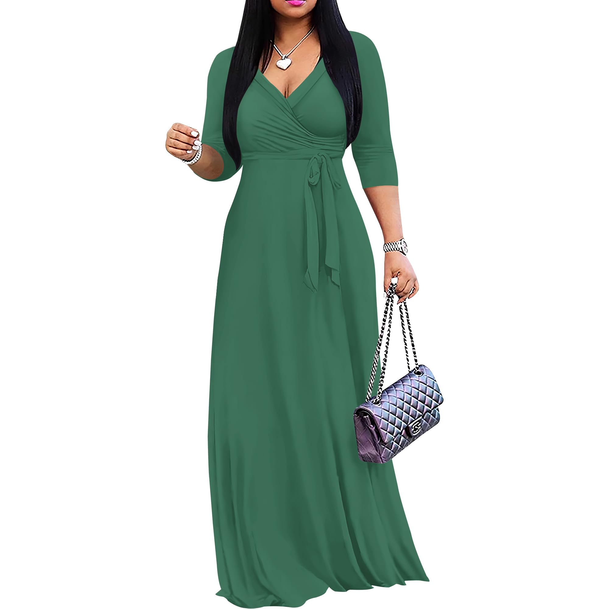PinkPatty Women's Print Maxi Dresses 3/4 Sleeve Flowy Long Dress V Neck Wrap Tie Waist Sundress