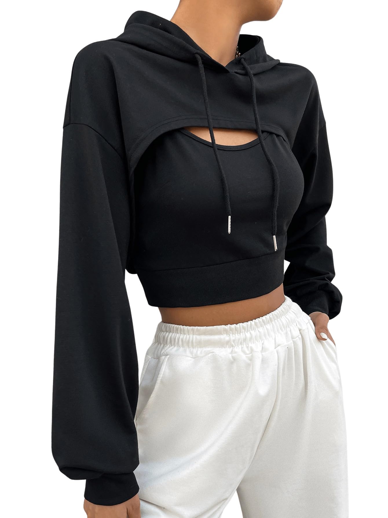 GORGLITTER Sudadera con capucha para mujer Super Crop con Top Drunter 2 en 1, sudadera con capucha, camiseta de manga larga con cordón