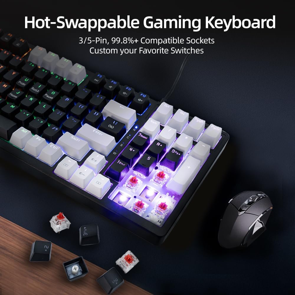 WJX Computer Clicky Keyboard Wired 98 Full Key Compact RGB keyboard with 19 Modes Mechanical Gaming Keyboard for PC & Mac, Hot-Swappable Red Tactile Mechanical Switch, USB-C control PBT Keycaps（Black）
