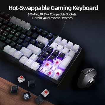 WJX Wired Gaming Mechanical Keyboard, Creamy&Silent Keycaps RGB Backlit, Number Pad, MX Cherry Style, Cool LED Light, PBT Keycaps, Hot Swappable USB Keyboard (Black)