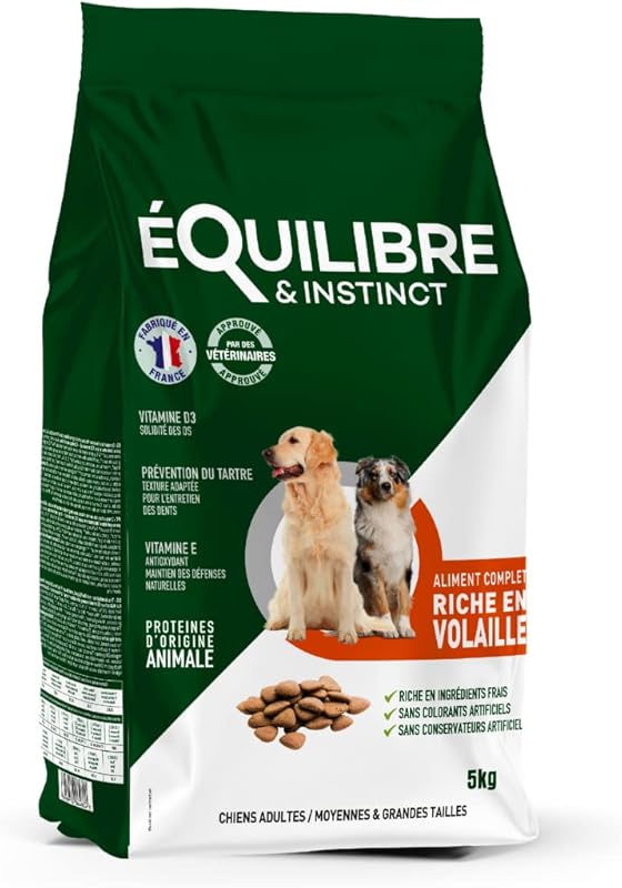 EQUILIBRE & INSTINCT - Chien Adulte - Moyenne/Grande Taille - Croquettes à la Volaille - Solidité de