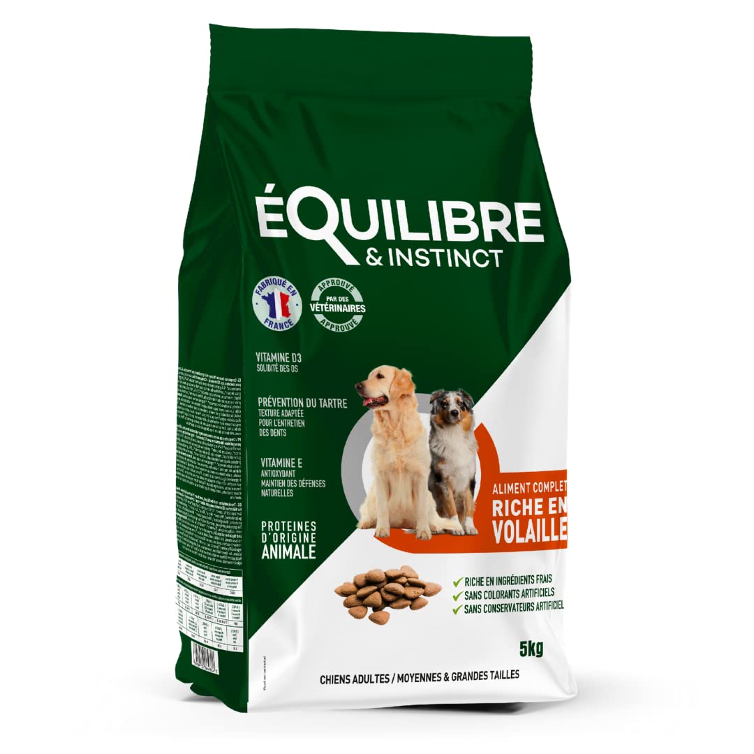 EQUILIBRE & INSTINCT - Chien Adulte - Moyenne/​Grande Taille - Croquettes à la Volaille - Solidité des Os - Recette Complète Formulée avec des Vétérinaires - 5kg - Fabriqué en France