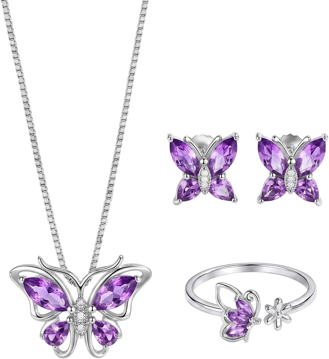 FORUBUS Crystal Butterfly Jewelry Set Pendant Necklace Stud Earrings Adjustable Ring for Women Elegant Rhinestone Birthstone Costume Jewelry for Wedding Anniversary Party