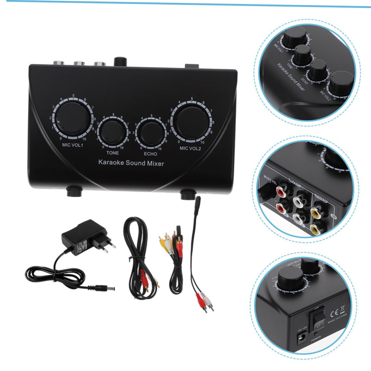 Mixer Audio Karaoke a Doppio Ingresso Microfono Nero | Cavo Incluso, Adattatore di Alimentazione, Abs con Componenti in Rame, per Sale Ktv e Aziende