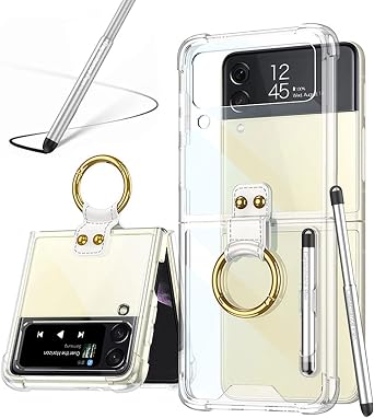 for Samsung Galaxy Z Flip 4 Clear Case with Pen and Ring,Ultra Thin Transparent Anti-Fall Phone Protective Cover for Samsung Galaxy Z Flip 4 5G ZFlip4-Ring-Clear
