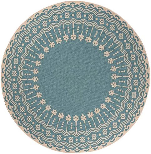 GAD Premium Indoor Outdoor Abstract Area Rug (6'7" Round) Teal Green & Beige Contemporary Rug - Stain & Fade Resistant Rug for The Living Room, Patio, Porch, Deck, Lanai