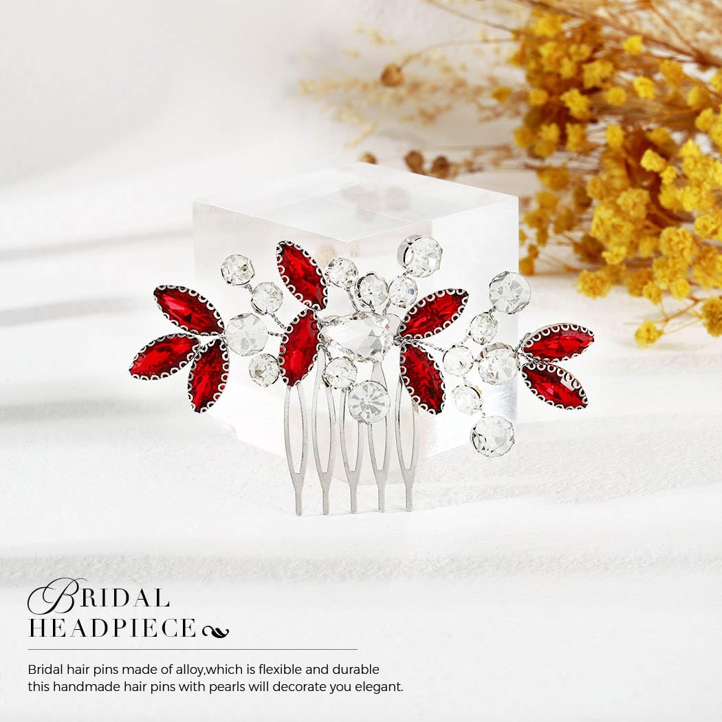 Catery Rhinestone Bride Wedding Hair Comb Red Crystal Side Comb Bridal Hair Piece Clips Headpiece Bridesmaid Hair Accessories for Women and Girls