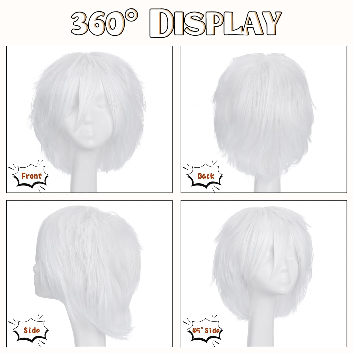 S-noilite Unisex Short White Cosplay Wigs Fluffy Shaggy Wig Short Straight Pixie Wigs for Women Mens for Anime Party Comic Costume Party Heat Resistant Synthetic Hair Wig White - Image 4