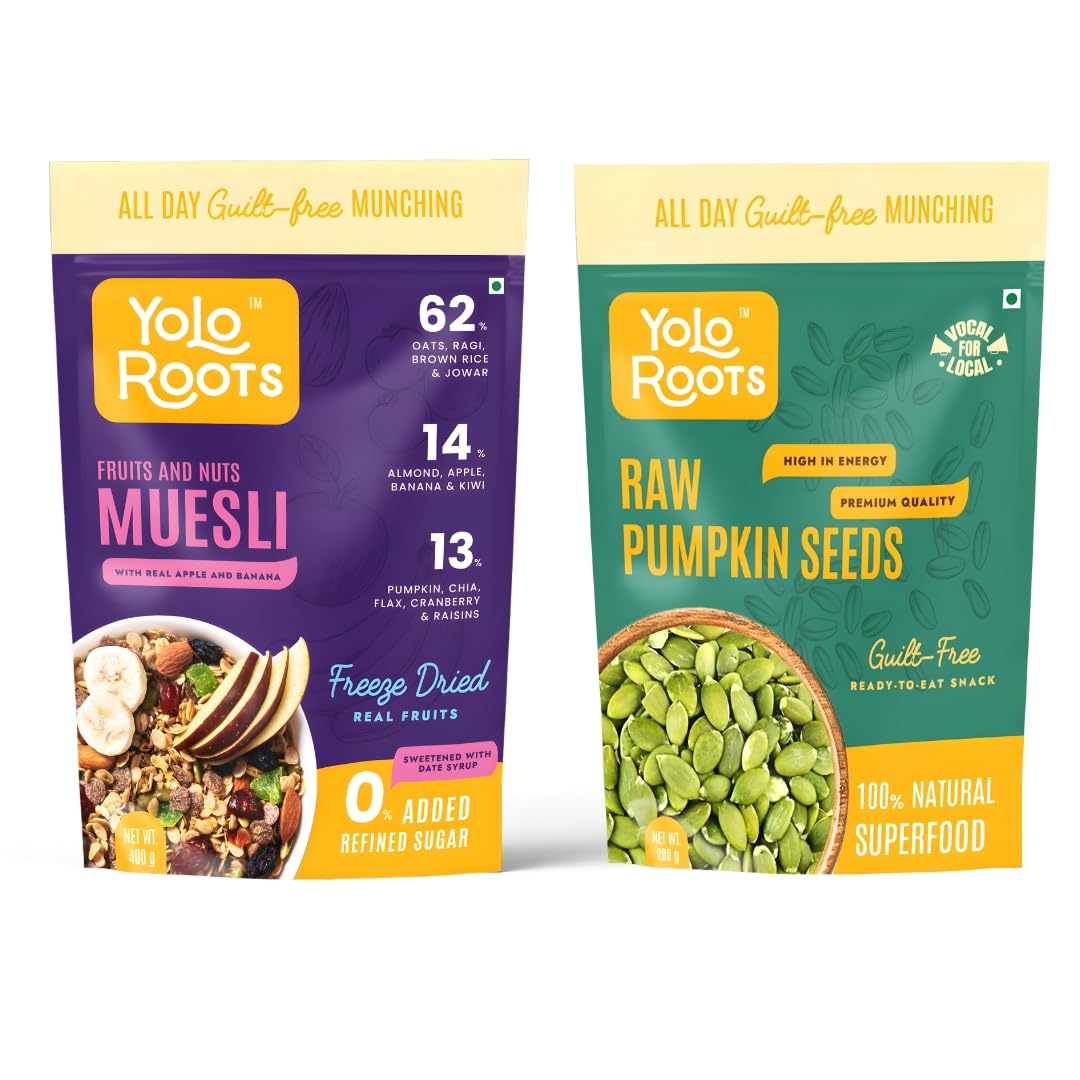 Yolo Roots Fruits & Nuts Muesli 400g & Raw Pumpkin Seeds 200g Combo, No Added Sugar, High Fiber Breakfast Cereal & Protein Rich Superfood Seeds, Healthy Snack with Oats (Pack of 2)