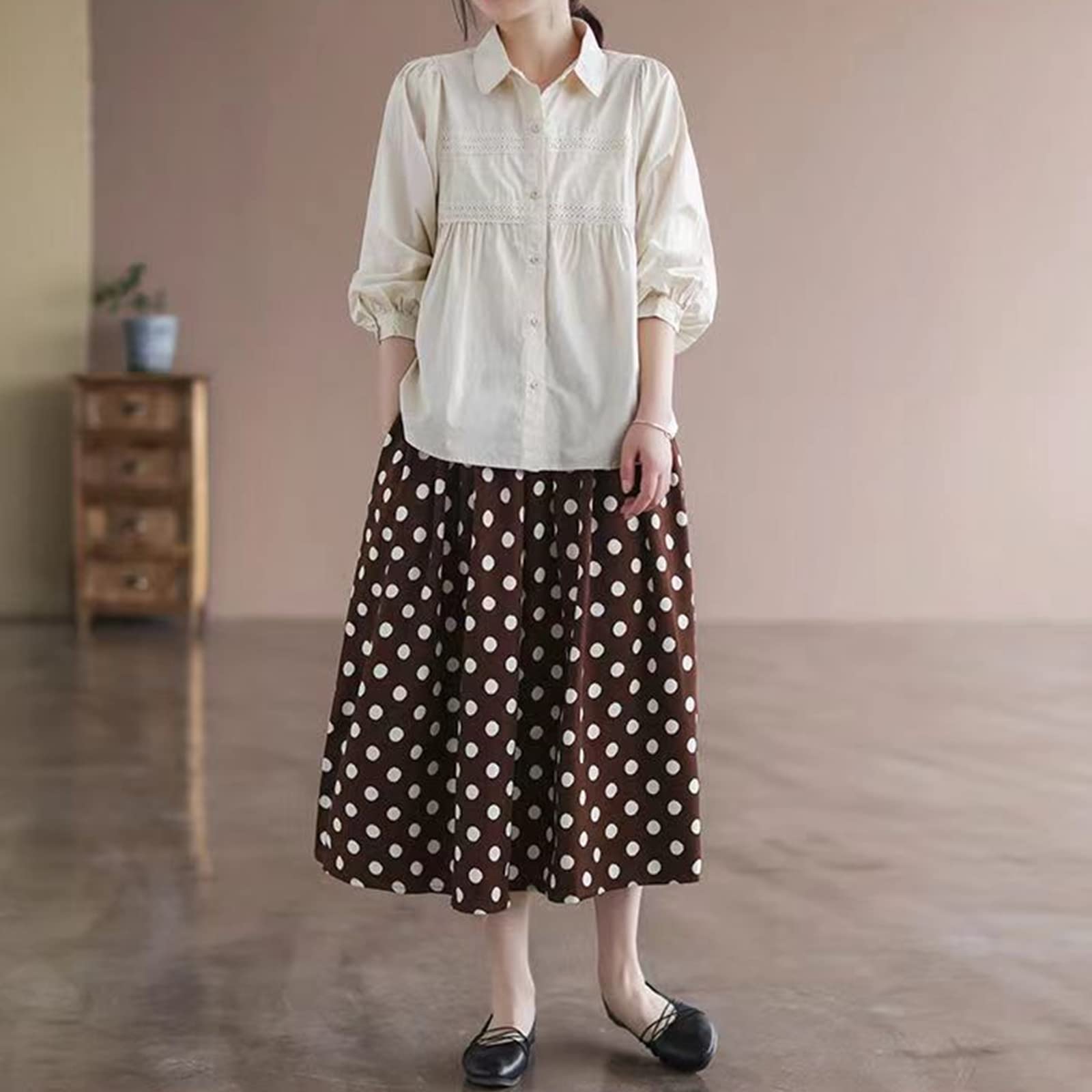 Falda larga con estampado de lunares, falda de medio cuerpo femenina primavera y verano nuevo temperamento retro literario elegante bolsillo cintura alta falda acampanada