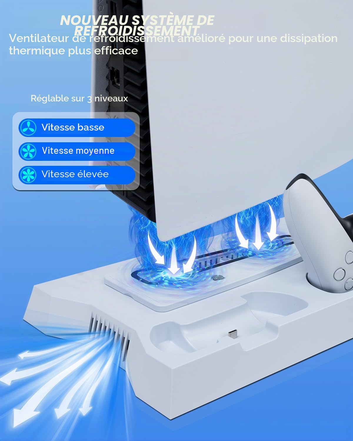 Sehawei Support PS5/PS5 Pro avec Ventilateur de Refroidissement et Chargeur Manette PS5, Ventilateur PS5 avec Télécommande pour PS5/PS5 Pro/ps5 Slim Disc & Digital