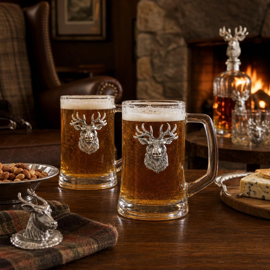 Arthur Court Elk Head Beer Mugs Set of 2, 16oz Glass with Sand Cast Aluminum Emblems for Lodge Barware
