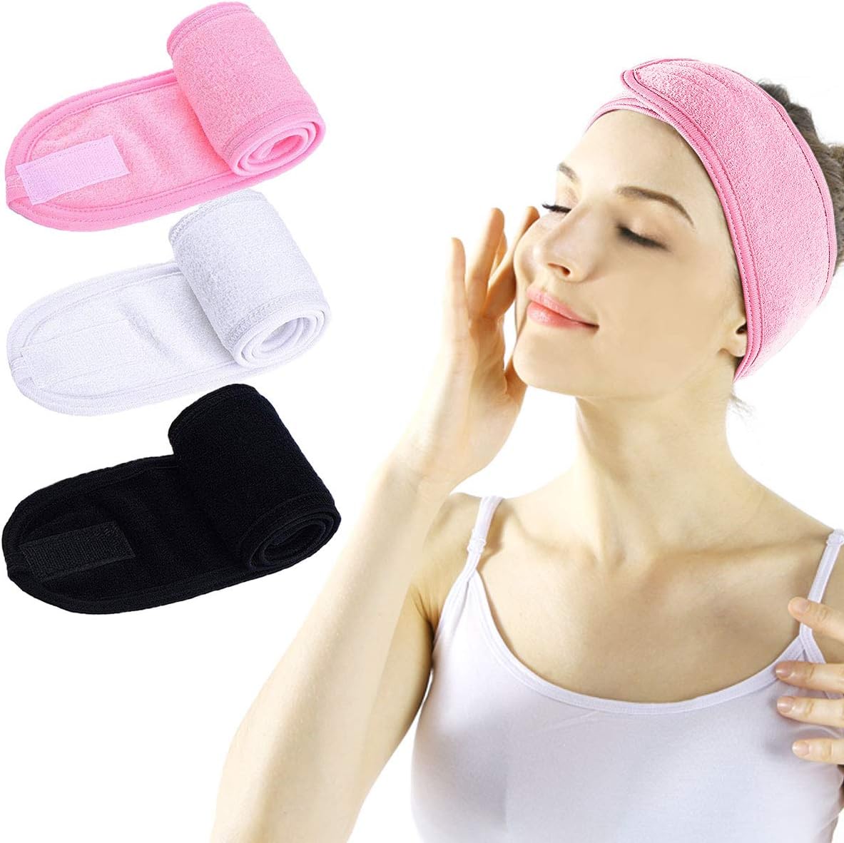 Spa Facial Headband - 3 PCS Make Up Wrap Head Shower Sport Terry Cloth Headband Adjustable Stretch Towel With Magic Tape
