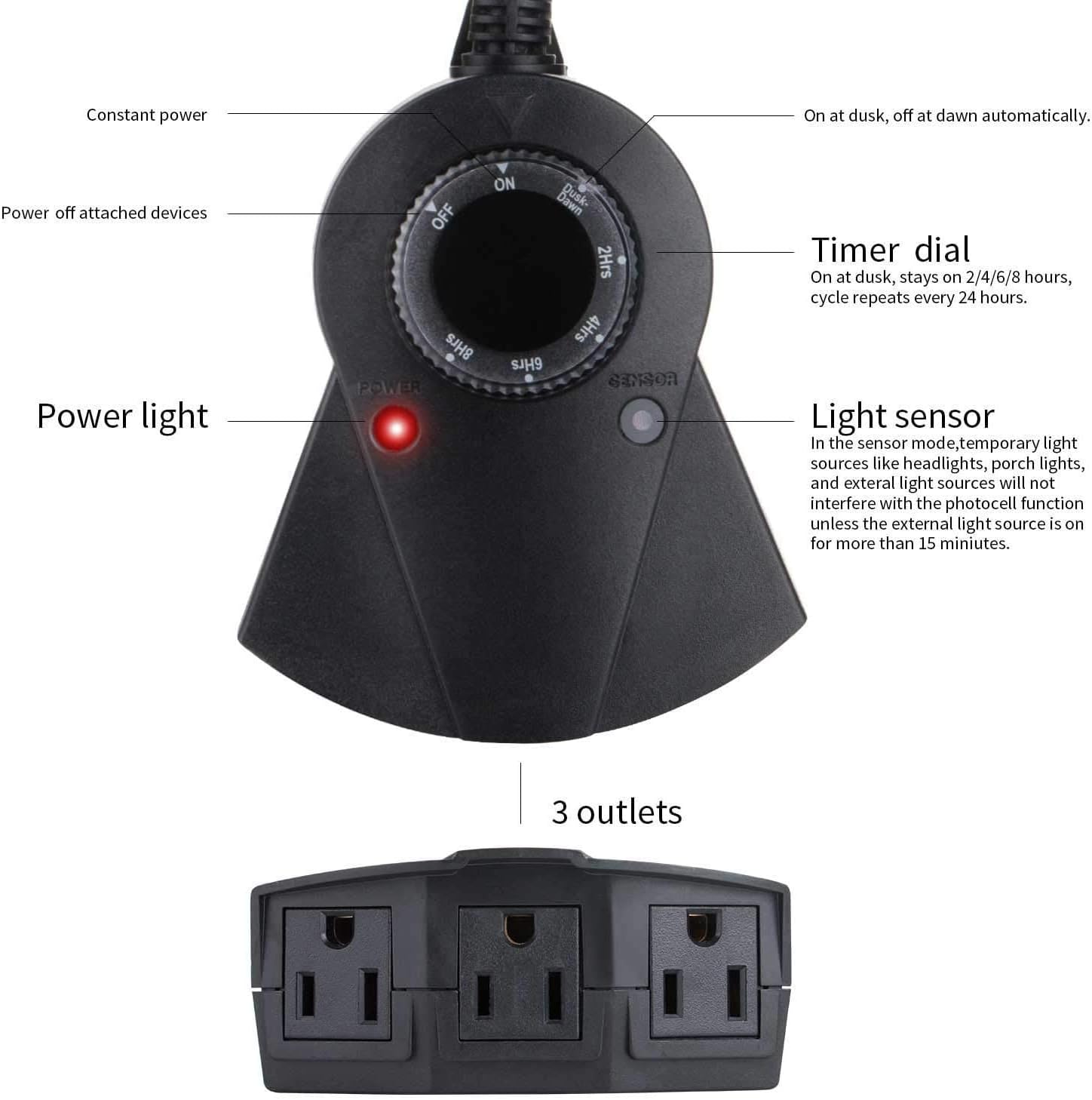 Outdoor Light Timer Waterproof, 24 Hours Plug in Timer with 2, 4, 6 or 8 Hours Countdown Mode, 3 Grounded Electrical Outlet for Outdoor Backyard Garden Patio Lights