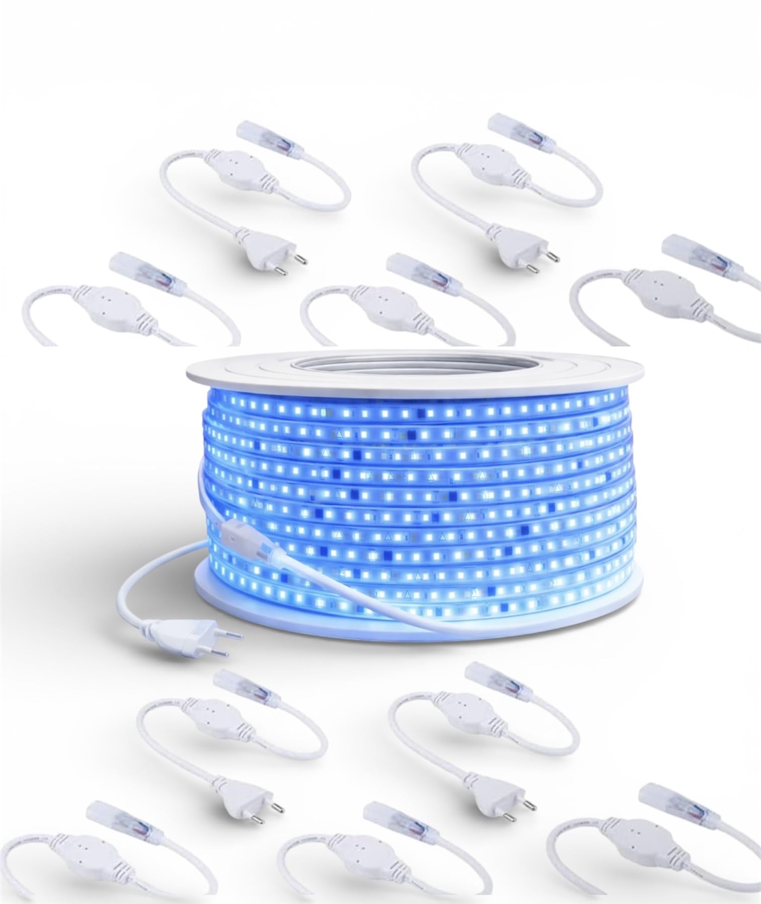 Generico Striscia LED 100 Metri 8mm 220V 8W/M 120 LED/M 2835 – Luce Blu Alta Luminosità – Taglio Ogni 10cm – Include 10 Spine – Striscia LED Professionale per Interno Esterno