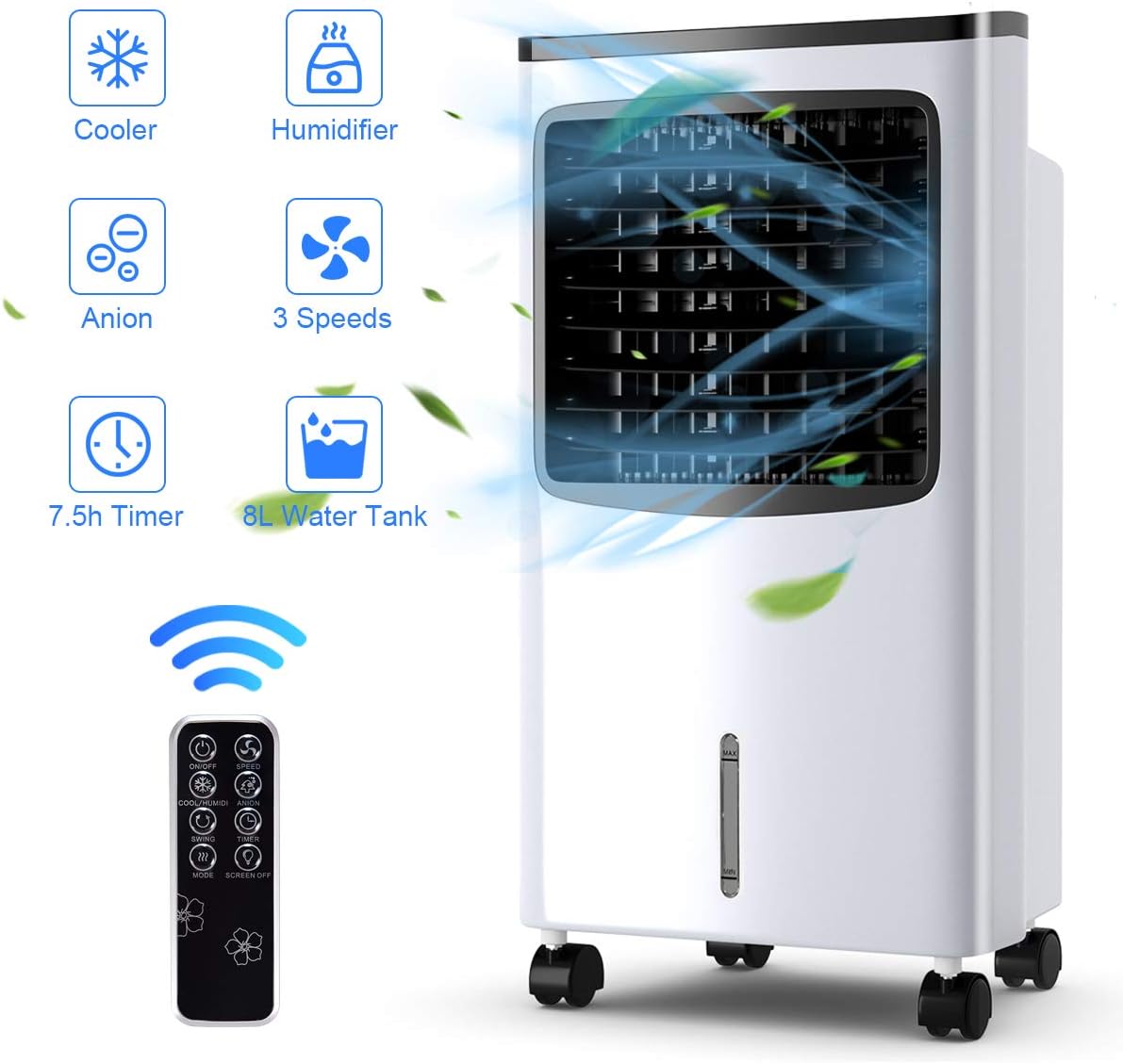 SIMOE Evaporative Air Cooler for Room, 4 IN 1 Portable Air Conditioner Cooling Fan, Humidifier w/Remote Control, 3 Modes, 3 Speeds, 2.1Gal Large Tank, 7.5H Timer, Swamp Cooler w/2 Ice Packs