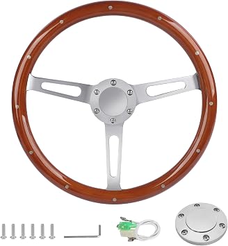 15" Classic Wood Grain Steering Wheel with Riveted Spoke Wood Grip - Universal Car Steering Wheel 3 Spoke 6 Hole Bolts, with Horn Button Brown