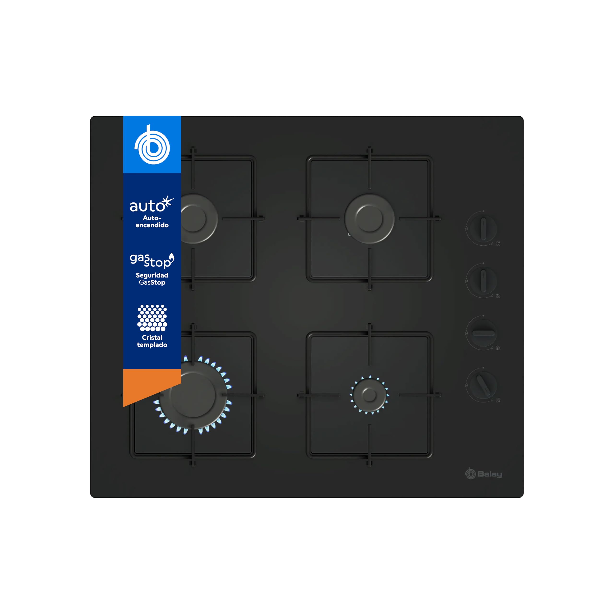 Balay - Placa de Gas, 60 cm de ancho, 4 Zonas de Cocción, Control de llama, Autoencendido, GasStop, negro, 3ETG464SB